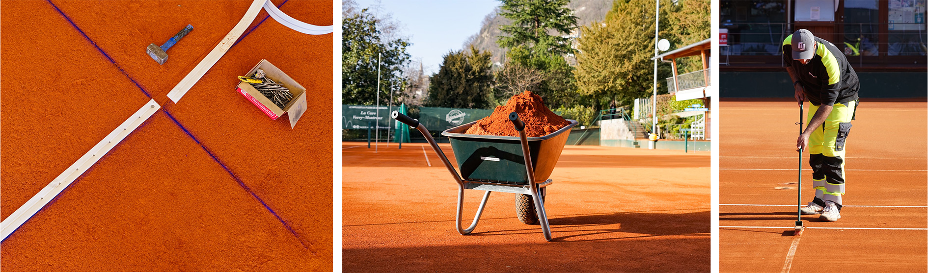 Onderhoud en aanleg van een rode gravelbaan van RedPlus, een gravelondergrond die ideaal is voor professionele tennisbanen.